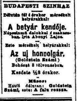 A Budapesti Színház hirdetése Budapesti Hírlap 1915. április 4.